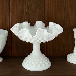 Vintage 70s Fenton Hobnail Milk Glass Ruffled Pedestal Compote Candy Dish Decor
